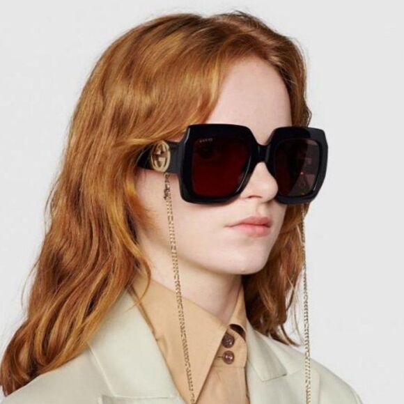 NEW Gucci GG1022S 005 Black Brown Square Chain Women Sunglasses - Picture 2 of 14